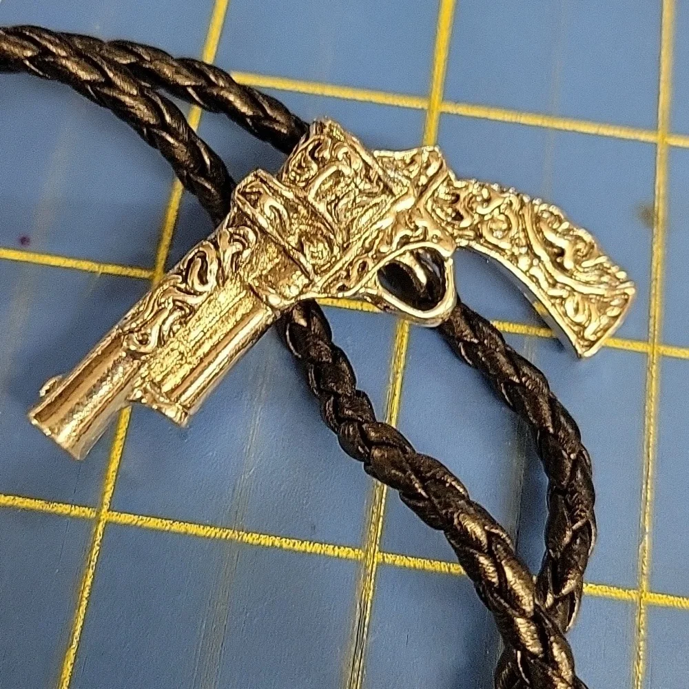 Bolo Gun Pistol Silver Tone Black Braided Pleather Western